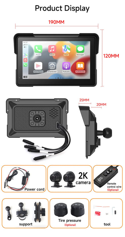 7''5" Motorcycle Multimedia Player 2K HD Recorder GPS Navigation Wireless CarPlay Android Auto IPX8 Waterproof Screen Bluetooth