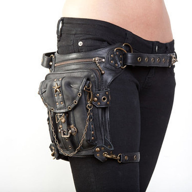 Black Leather Drop Leg Thigh Bag With Black Leather Strap