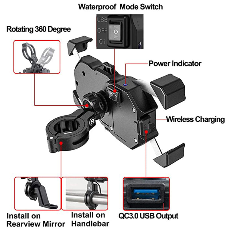 Motorcycle Phone Holder Motorbike Cellphone Bracket Stand Mount Moto  Telephone Support with USB and Wireless Charger Waterproof